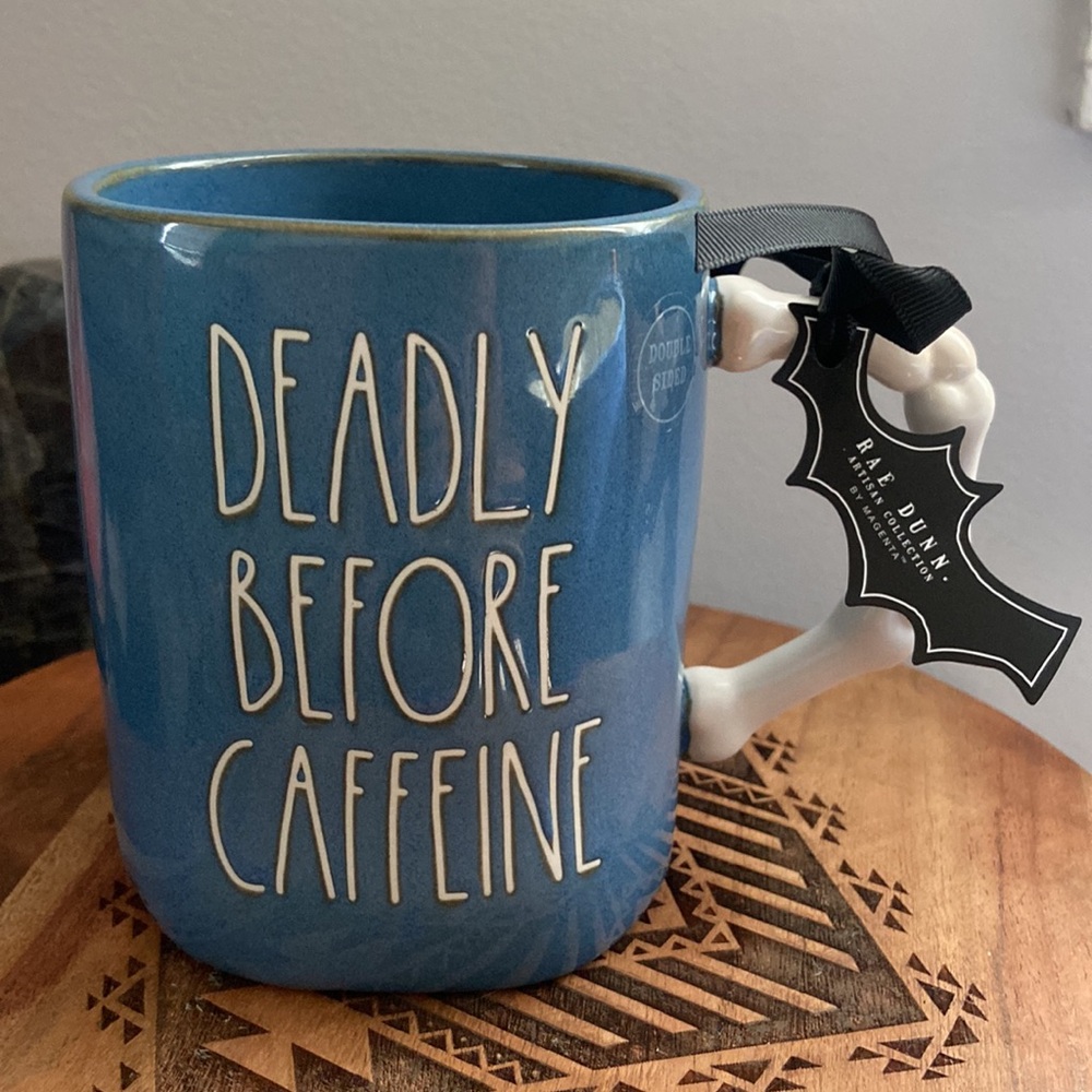 Rae Dunn Deadly Before Caffeine double sided Blue Skull Mug with Skeleton Handle